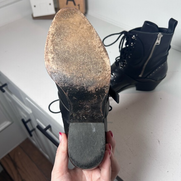 AllSaints Black Leather Lace-Up Ankle Boots Studded Buckle Moto Booties US 6.5-7 - Picture 6 of 8